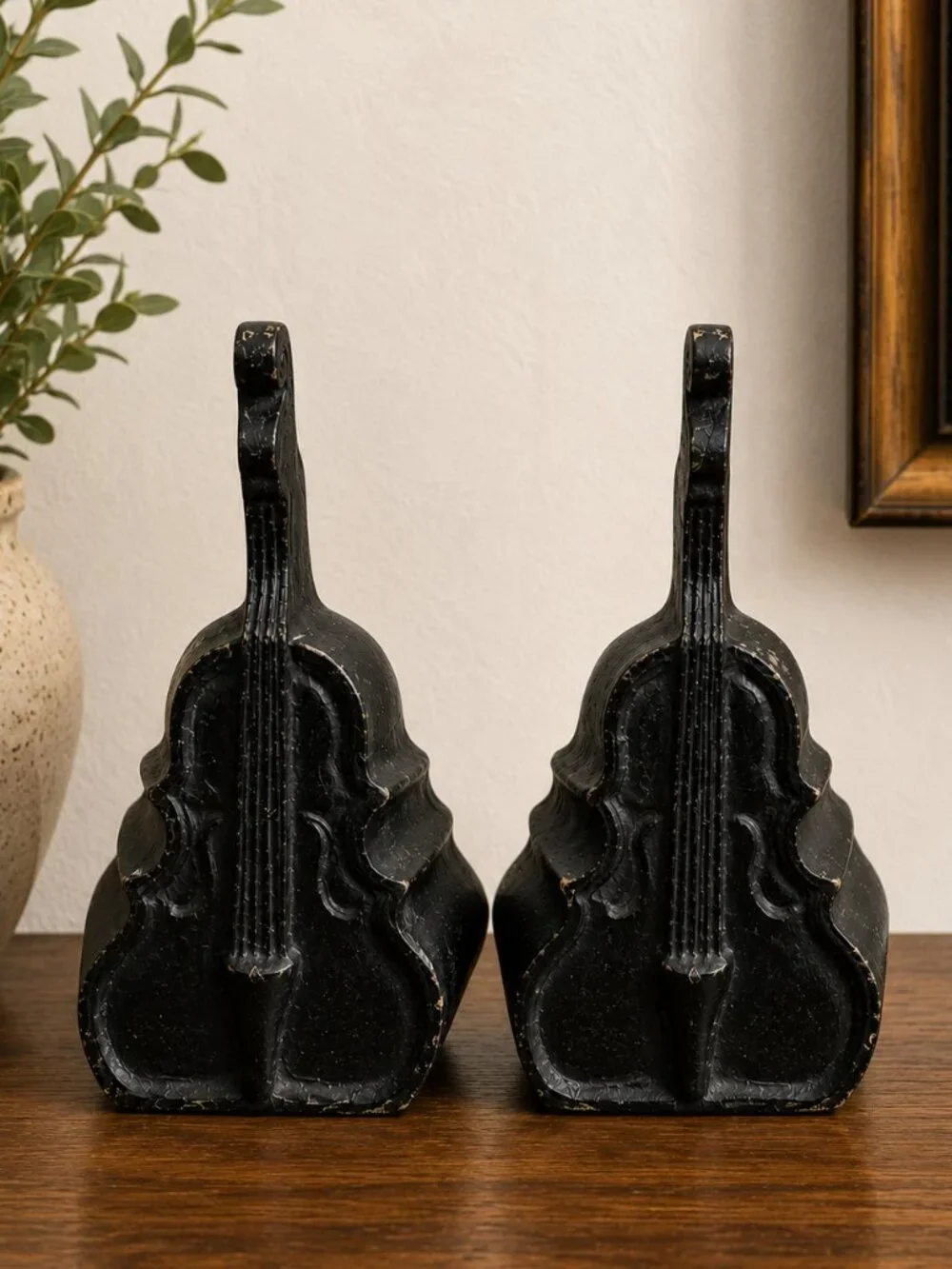 Vintage Black Cello Violin Bookends Set of 2 Musical Instrument Decor